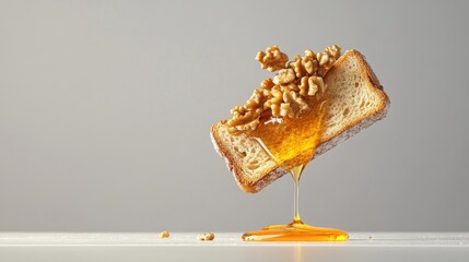 Poster - Dripping honey caught mid-air above crunchy walnut toast, perfect for a wholesome morning treat