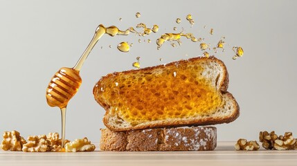 Poster - Dripping honey caught mid-air above crunchy walnut toast, perfect for a wholesome morning treat
