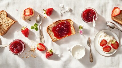 Poster - Flat lay of homemade jam spread across rustic toast, breakfast setting on neutral tablecloth