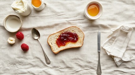 Poster - Flat lay of homemade jam spread across rustic toast, breakfast setting on neutral tablecloth