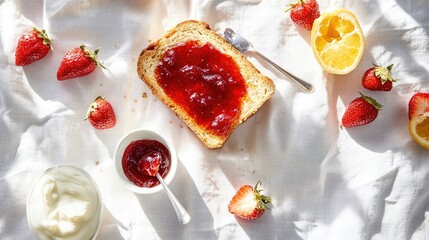 Poster - Flat lay of homemade jam spread across rustic toast, breakfast setting on neutral tablecloth