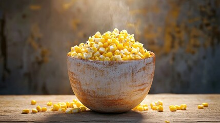 Aufkleber - Freshly cooked sweetcorn in a rustic ceramic bowl on wooden surface, healthy vegetarian meal option