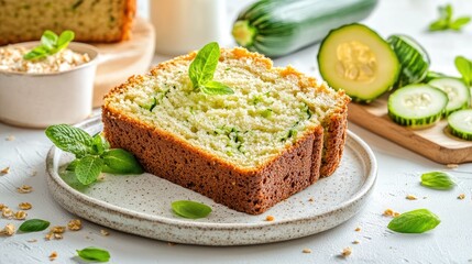 Poster - Fresh slice of homemade zucchini bread on ceramic plate, healthy dessert with rustic vibes