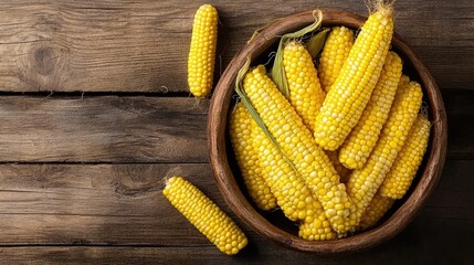 Aufkleber - Freshly cooked sweetcorn in a rustic ceramic bowl on wooden surface, healthy vegetarian meal option