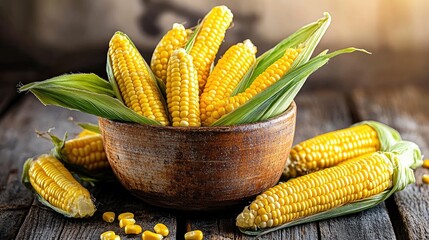 Aufkleber - Freshly cooked sweetcorn in a rustic ceramic bowl on wooden surface, healthy vegetarian meal option