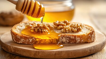 Poster - Golden honey dripping onto crusty bread topped with crushed walnuts, healthy morning snack on rustic plate
