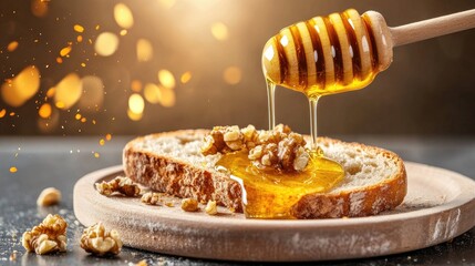 Poster - Golden honey dripping onto crusty bread topped with crushed walnuts, healthy morning snack on rustic plate