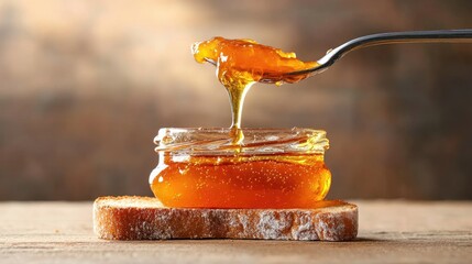Poster - Luscious homemade apricot jam melting on warm toast slice, cozy countryside breakfast vibe