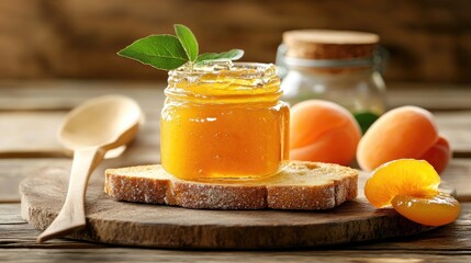 Poster - Luscious homemade apricot jam melting on warm toast slice, cozy countryside breakfast vibe