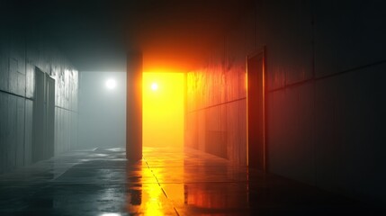 Poster - a mysterious hallway illuminated by a bright light streaming through an open doorway creating an eni