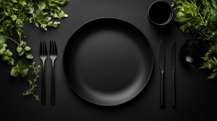 Poster - Opulent plate and flatware combo styled with black cup and fresh plant detail, luxury top view concept