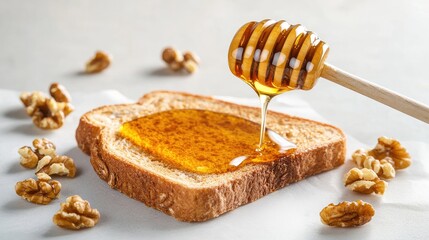 Poster - Nutty honey toast served warm, golden syrup oozing onto walnuts and whole grain slice in soft daylight
