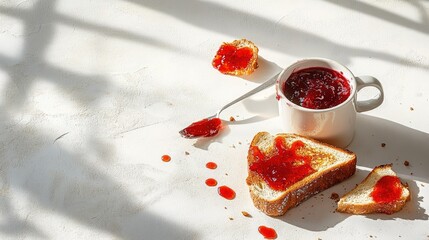 Poster - Overhead breakfast scene featuring jam-covered toast and ceramic mug, copy space to the side