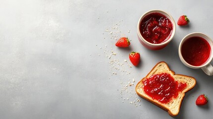 Poster - Overhead breakfast scene featuring jam-covered toast and ceramic mug, copy space to the side