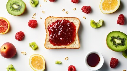 Poster - Overhead shot of jam toast surrounded by fresh fruit, napkin, and morning coffee