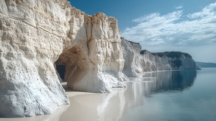 Poster - stunning natural rock formation along serene coastline, featuring white cliffs and calm waters reflecting sky. scene evokes tranquility and beauty of nature