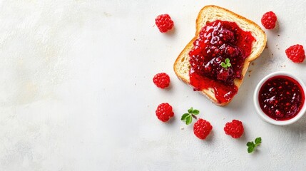 Poster - Simple toast slice topped with red berry jam on table with natural light, overhead flat lay breakfast style