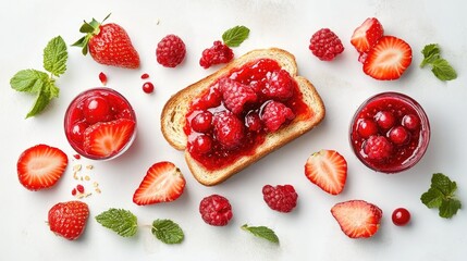 Poster - Simple toast slice topped with red berry jam on table with natural light, overhead flat lay breakfast style