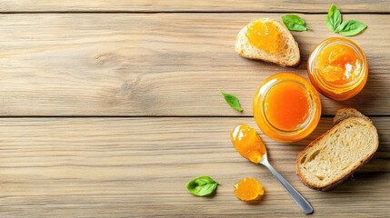 Poster - Tasty marmalade layered on rustic bread, flat lay snack shot with room for text
