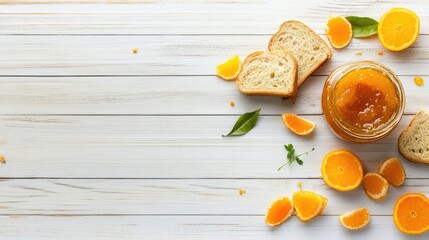 Poster - Tasty marmalade layered on rustic bread, flat lay snack shot with room for text