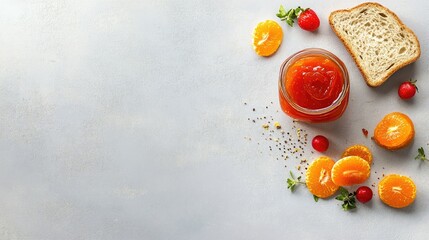 Poster - Tasty marmalade layered on rustic bread, flat lay snack shot with room for text