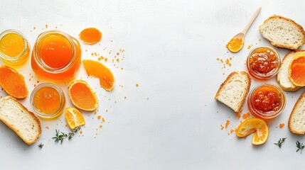 Poster - Tasty marmalade layered on rustic bread, flat lay snack shot with room for text