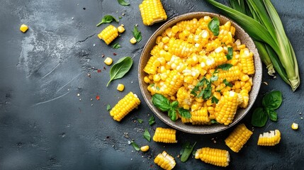 Poster - Vibrant golden corn in serving bowl, top view of clean vegetarian meal idea