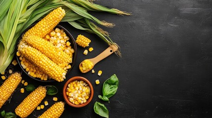 Poster - Vibrant golden corn in serving bowl, top view of clean vegetarian meal idea