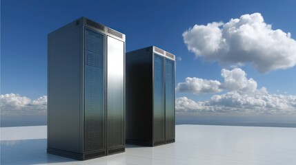 Poster - Two server towers in a data center with blinking lights indicating activity as they operate in synchronization