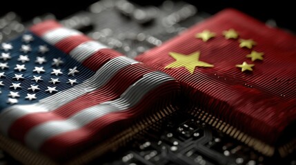 Poster - Layered representation of the usa and china flags on a holographic processor symbolizing global trade relations