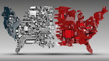 Poster - map of the united states overlaid with a circuitry design illustrating complex power dynamics betwee