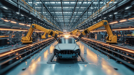 Aufkleber - Automated robotic arms in modern factory setting, working on vehicle assembly line, showcasing advanced technology and efficiency. scene is vibrant and dynamic, filled with sparks