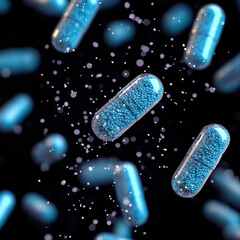 Aufkleber - Floating capsules filled with blue granules create dynamic visual effect against dark background, evoking sense of motion and energy. image captures essence of pharmaceuticals and health