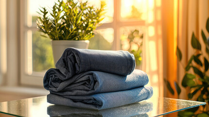 Poster - Soft towels stacked neatly on glass table, illuminated by warm sunlight streaming through window, creating serene and inviting atmosphere in cozy room