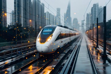 Poster - 近未来的な都市風景の中を走る白い高速鉄道 降雨の中の光る鉄道車両の視点 都会の背景と近代的な交通手段