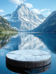 Poster - stunning white circular podium is set against breathtaking mountain landscape, reflecting beautifully in serene lake. majestic peaks and clear blue sky create tranquil atmosphere
