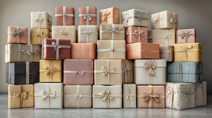 Poster - Luxurious gift boxes stacked in various colors and patterns create festive atmosphere. elegant ribbons and textures enhance visual appeal, making it perfect for celebrations