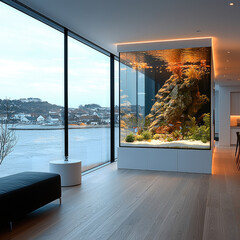 Poster - modern luxury living room featuring large aquarium with vibrant coral and fish, overlooking scenic waterfront view. space is bright and inviting, perfect for relaxation