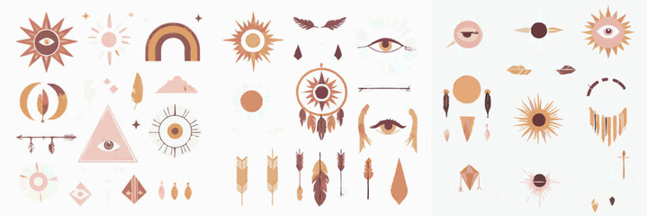Fototapete - Modern set of hand-drawn boho vector elements and doodle objects.