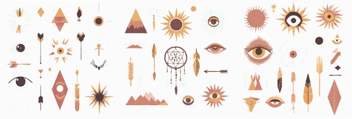 Fototapete - Modern set of hand-drawn boho vector elements and doodle objects.