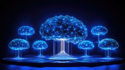 Poster - A vibrant. futuristic 3D representation of a neural network. illuminated with pink and blue lights. set against a reflective grid floor with glowing vertical lines in the background