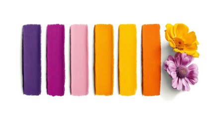 Poster - Row of colorful paint swatches are displayed next to a single yellow flower