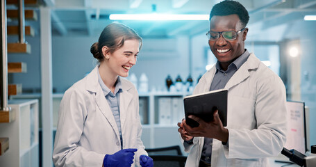 Poster - Tablet, scientist and team with research results, pharma innovation and happy for discovery. Technology, medical science or internship collaboration with people in lab planning chemistry experiment