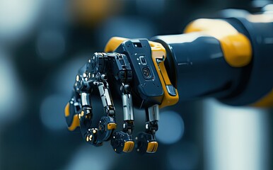 Poster - A close-up view of a futuristic robotic hand with intricate mechanical components. set against a blurred background of advanced technology and vibrant blue and orange lighting