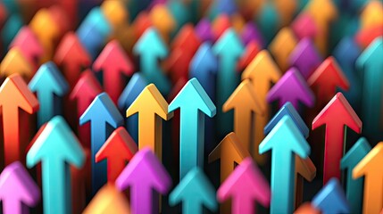 Poster - A vibrant arrangement of colorful arrows pointing upward. symbolizing growth and progress. set against a dynamic gradient background of purple. pink. and blue hues