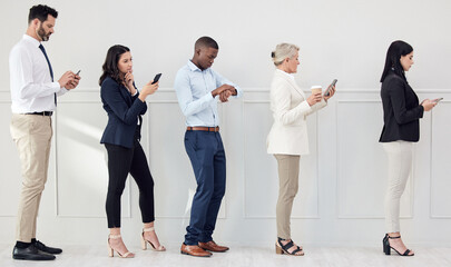 Aufkleber - People, queue and waiting in line for job interview, recruitment or reading cv application online. Group, lobby or scroll phone or tech in human resource office with resume, info and opportunity