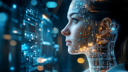Poster - Artificial intelligence ai woman digital technology futuristic face profile tech concept