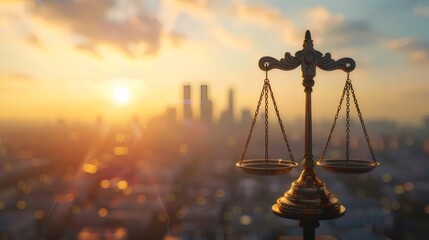 Aufkleber - 黄金の天秤と夕日の都市景観 正義と法律の象徴 輝く空と建設のシルエット