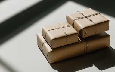 Poster - sunlight illuminates stacked brown wrapped gifts