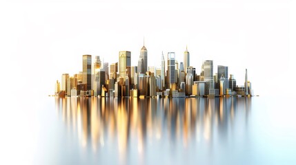 Poster - 黄金色に輝く近代都市の高層ビル群の3Dレンダリング 光と影が織りなす未来的な街並み